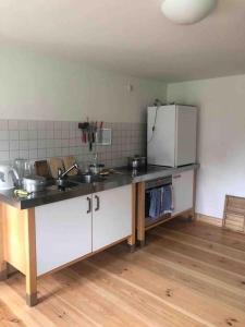 a kitchen with a sink and a refrigerator at Haus am Fluss und See in Gartow +56 photos