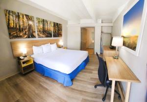 a hotel room with a bed and a desk and a desk at Days Inn by Wyndham Denver Downtown in Denver