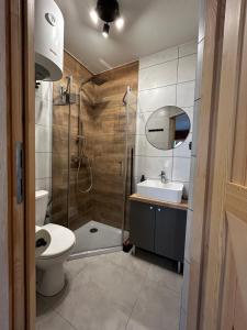 a bathroom with a shower and a toilet and a sink at Słona Fala in Sianozety +31 photos