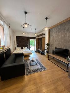 a living room with a black couch and a fireplace at Apartmány Veronika - Blansko in Blansko