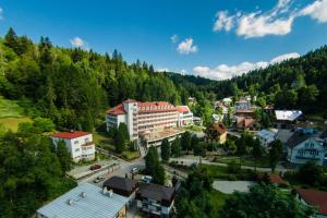 an aerial view of a town in the mountains at Geovita Krynica-Zdroj in Krynica Zdrój