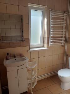 a bathroom with a sink and a toilet and a window at Noclegi Relax in Ruciane-Nida +56 photos