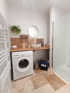 a washing machine in a bathroom with a mirror at Les Gites de Mael et Rose in Plougasnou +15 photos