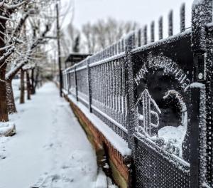 une clôture recouverte de neige à côté d'un trottoir dans l'établissement Host Patagonia, à Plaza Huincul