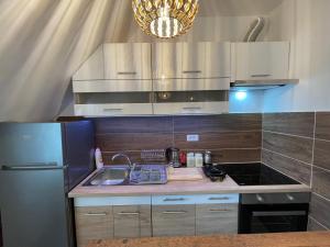 una cocina con fregadero y refrigerador en Zafiro 27 Kolašin, en Kolašin 22 fotos más