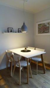 a white dining room table with chairs and a light fixture at Wohnung für Naturliebhaber und Wassersportler in Röbel