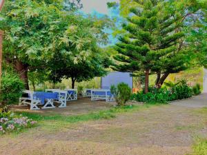 a yard with two picnic tables and trees at Garden Villa Naza in Piqeras