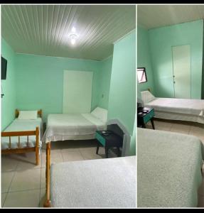 two pictures of a room with two beds in it at Pousada 355 in Passo Fundo