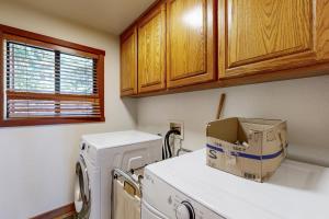 a kitchen with a washing machine with a box on top at Amazing Dollar Point Retreat in Tahoe City +17 photos
