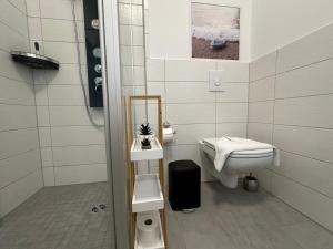 ein weißes Badezimmer mit Toilette und Waschbecken in der Unterkunft Haus Concordia 2 Möwennest in Thiessow + 46 Fotos
