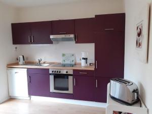 a kitchen with purple cabinets and a sink at Ferienwohnung in Stoltebüll mit Kleiner Terrasse in Stoltebüll