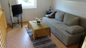 a living room with a couch and a coffee table at Ferienhaus am See in Dümmer +6 photos