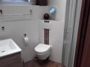 a white bathroom with a toilet and a sink at Familienfreundliches Ferienhaus in Frielendorf in Frielendorf
