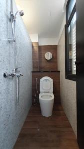 a small bathroom with a toilet and a shower at Betel Box Backpackers Hostel in Singapore