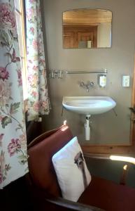 
a bathroom with a sink and a mirror at Edelweiss Lodge in Wilderswil
