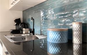 Stavenisseにある3 Bedroom Gorgeous Home In Stavenisseの青いタイル張りの壁、シンク付きのキッチンが備わります。