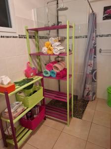 a bathroom with a rack with towels and towels at La Jandyra in Gros-Morne +19 photos