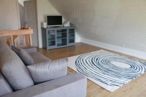 a living room with a couch and a rug at Gemütliches Ferienhaus in Zerpenschleuse mit Privater Terrasse in Wandlitz