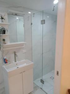 un bagno con doccia, lavandino e specchio di private guest suite at sorrento a Gold Coast Altre 3 foto