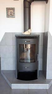 - une cheminée avec un oiseau assis au-dessus dans l'établissement Ferienhaus mit Grill und Garten in Neukirchen, à Neukirchen