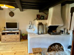 a living room with a tv and a fireplace at Chalúpka Turecká in Horná Turecká