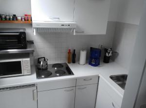 a kitchen with a stove and a microwave at Gemütliches Ferienhaus mit Garten und einer Terrasse mit Windfang in Anjum