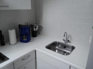 a kitchen counter with a sink in a kitchen at Gemütliches Ferienhaus mit Garten und einer Terrasse mit Windfang in Anjum