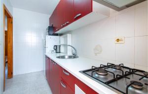 - une cuisine avec des placards rouges et une cuisinière dans l'établissement Cozy Apartment In San Pedro Del Pinatar, à San Pedro del Pinatar