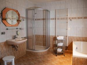 een badkamer met een douche en een wastafel bij Hotel Thalfried in Ruhla +35 foto's