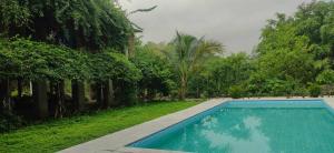 a swimming pool in the middle of a yard with trees at Tuyet's hostel in Ninh Binh