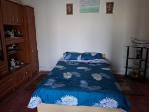 a bedroom with a bed with a blue comforter at Casa antonyo in Jurilovca