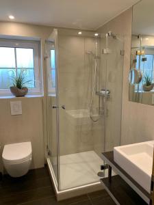 兰肯-格拉尼茨Idyllische 2-Zimmer Ferienwohnung mitten in der Natur的带淋浴、马桶和水槽的浴室