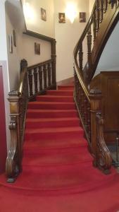 un escalier avec un tapis rouge et un tapis rouge dans l'établissement Logis Hotel des Bourbons, à Montluçon