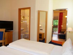 een hotelkamer met een bed en een badkamer bij Hotel Thalfried in Ruhla