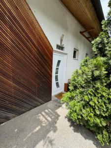 a door on the side of a building with a bush at Cozy flat near Tivoli park with free parking in Ljubljana
