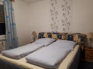 ein Schlafzimmer mit einem Bett mit weißen Laken und einem Fenster in der Unterkunft Große, komfortable Ferienwohnung mit Terrasse und Garten im Grünen und viel Platz für Ihr Haustier in Rathenow