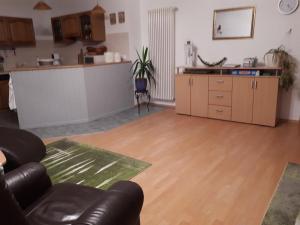 ein Wohnzimmer mit Couch und Küche in der Unterkunft Große, komfortable Ferienwohnung mit Terrasse und Garten im Grünen und viel Platz für Ihr Haustier in Rathenow