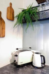 a toaster and coffee maker on a kitchen counter at Kunstvolles Apartment im Zentrum mit Balkon und Parkplatz in Graz +11 photos