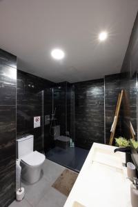 a bathroom with a toilet and a shower and a sink at Casas 349h Alicante City Centre Trafalgar in Alicante