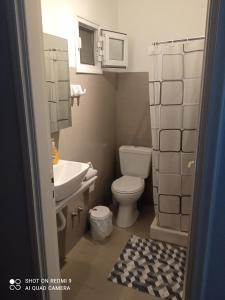 a small bathroom with a toilet and a sink at Anestis Studios in Agios Georgios