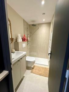 a bathroom with a toilet and a sink and a shower at Appartement F2 Bis centre de Megève in Megève +3 photos