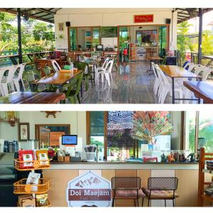 two pictures of a restaurant with tables and chairs at Jira Hotel in Lampang