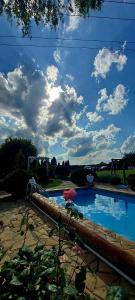 a swimming pool in a yard with a cloudy sky at Apartmani Neven in Irig