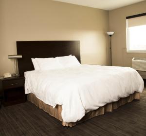 a bedroom with a large bed with white sheets and a window at Sandstone Motel in Milk River
