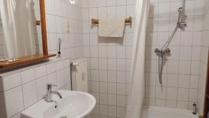 LütowにあるKleine Ferienwohnung mit Hundの洗面台とシャワー付きの白いバスルーム