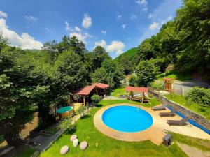 an overhead view of a backyard with a pool and a gazebo at Casa River in Băişoara