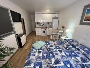 a small room with a bed and a kitchen at Roger Apartamentos in Cambrils