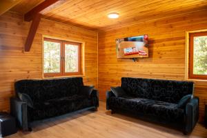 two black leather couches in a room with wooden walls at Dom u Sobiesława in Głodowo