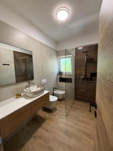 a bathroom with a sink and a toilet and a shower at Apartment and Room Marlen in Rovinjsko Selo