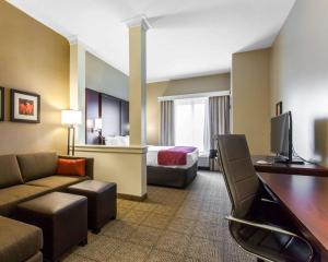 a hotel room with a couch and a bed at Comfort Suites-Youngstown North in Youngstown +39 photos